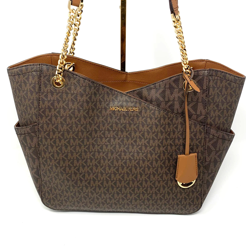 Michael Kors MK Jet Set Travel Large Chain Shoulder Tote Bag Gold-Tone Brown